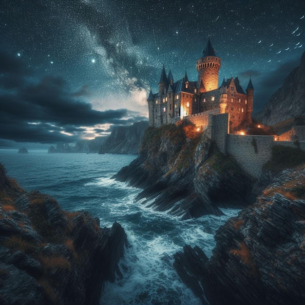 imagem castle on a cliff overlooking the ocean at night 8