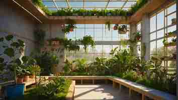 Photo imagen de una escuela sostenible construida con materiales ecologicos y energia solar en el techo