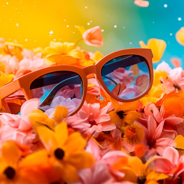 Imagen vista superior de elementos de gafas de verano con fondo color pastel y flores