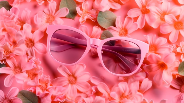 Imagen vista superior de gafas de verano con fondo de color pastel