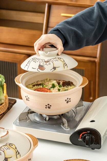 Images of cooking at home preparing dinner Asian food on the table