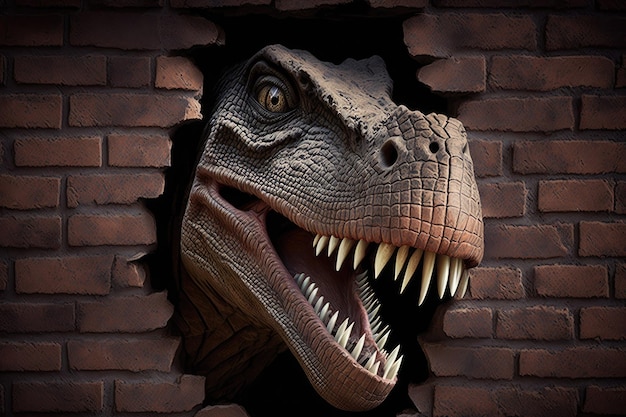 Images of a dinosaur taken up close and personal through a wall of bricks