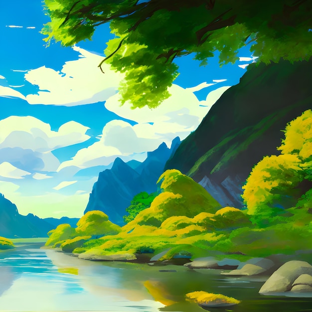 山や川のある風景の画像