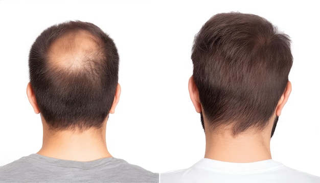 Images of a man before and after a hair treatment rear view