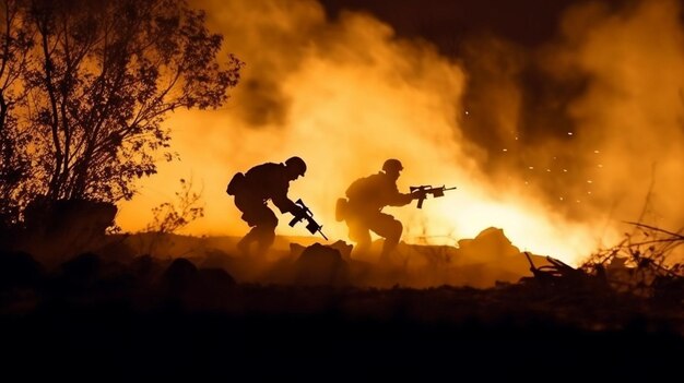 Photo images show troops a united states marine corps squad in action shooting with assault weapons and machine guns while being engulfed in flames and smoke generate ai