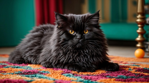 Images that play with the contrast between a black persian cats fur and a brightly colored floor