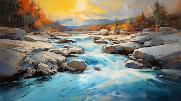 写真 鮮やかな色で現実的な風景を描く想像上の秋の川