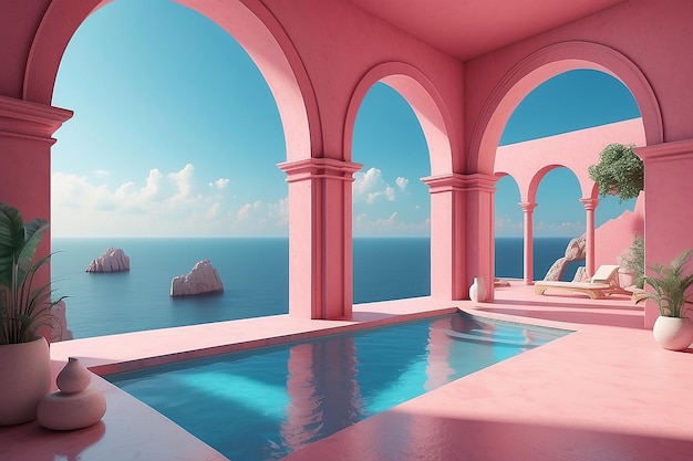 Foto architettura immaginaria fittizia progettazione di spazi vuoti da sogno di terrazza esterna cemento pareti rosa finestre ad arco piscine