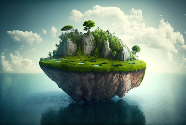 Imaginary floating island with a natural grass field on the rock and the idea of paradise