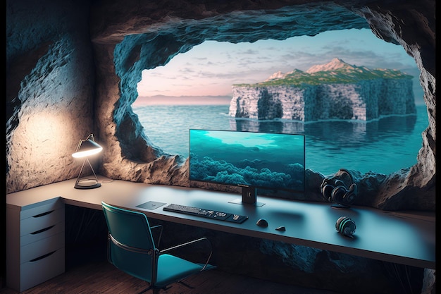 Imaginary home workspace in rocky cave with window overlooking ocean landscape