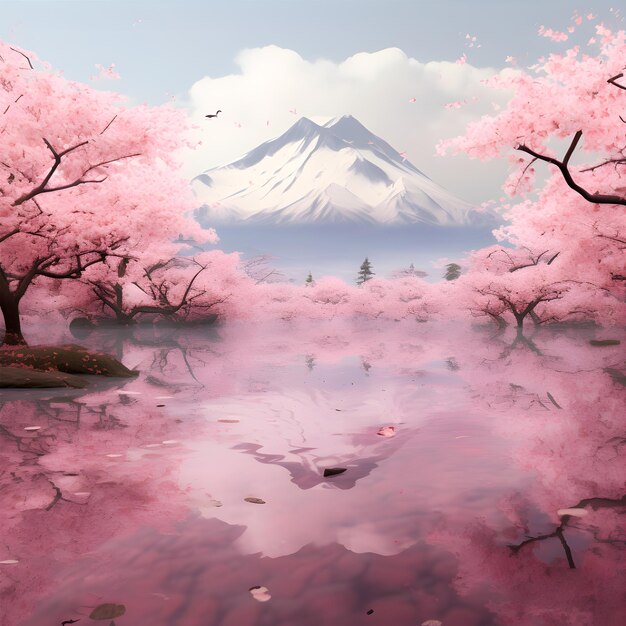 воображаемый горизонт, украшенный цветущими вишневыми деревьями в Японии
