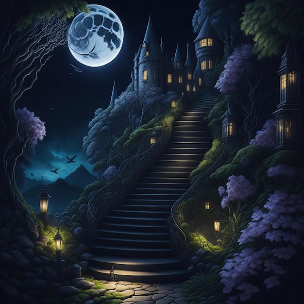 Imaginary nature imaginary stairs to a hidden castle in nature scenery backgrounds for games or v
