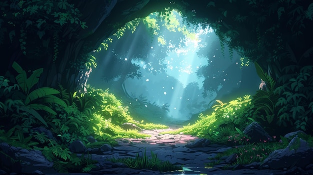 Imaginatieve cartoon stijl behang achtergrondontwerp met een smaragd mijn in het magische bos