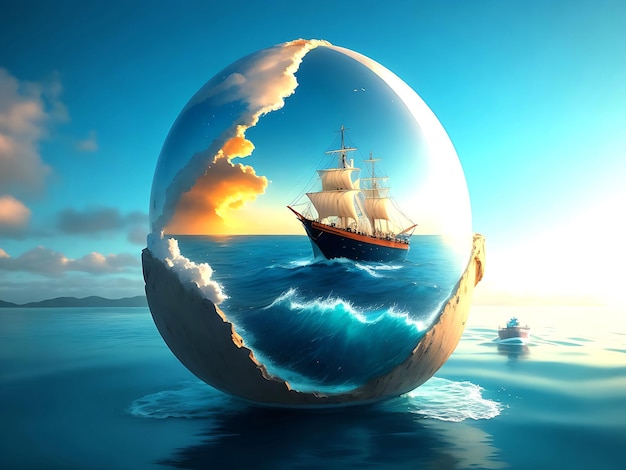 imagination of eggs with an ocean and ship