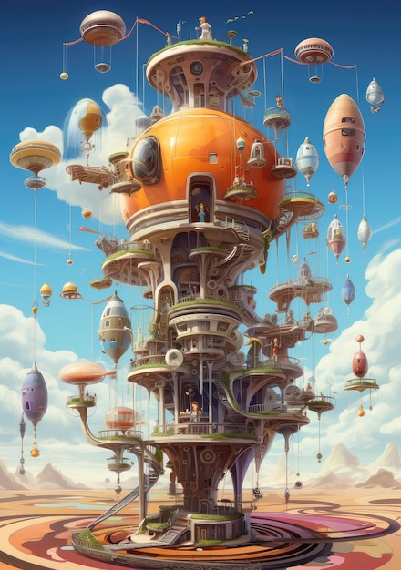 Imagination house with balloons floating in the blue sky with sunshine and white fluffy clouds