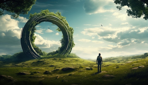 imagination of Man standing and looking at a giant overgrown ring in a lush field