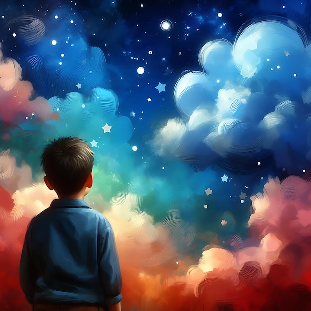 하늘을 바라보는 아이의 상상력 사진이 AI에 의해 생성됩니다.