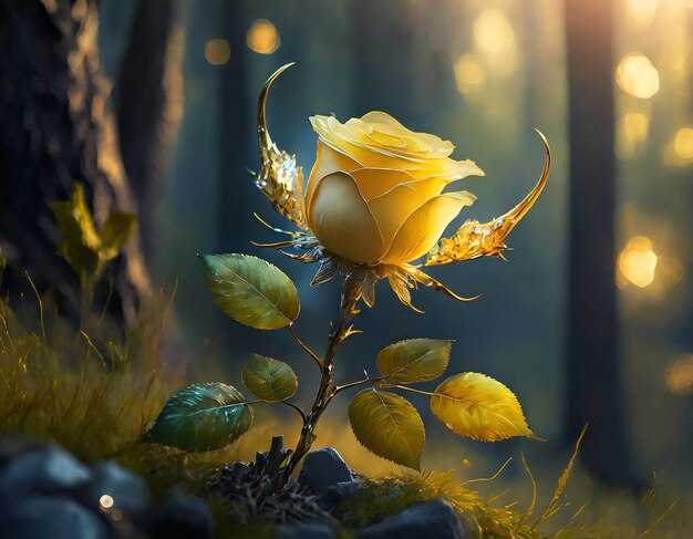 An Imagination yellow rose with the sun behind it