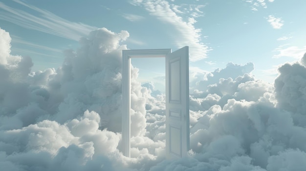 Воображаемая 3D-анимация открытой двери, стоящей посреди спокойного небоскреба, окруженного мягкими пушистыми облаками, вызывающей чувство открытия возможностей и вход в новые измерения.