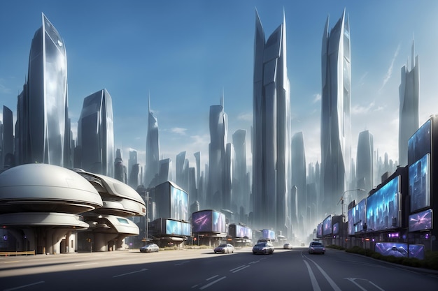 Imaginative artwork of a future metropolis with sleek skyscrapers and dynamic billboards