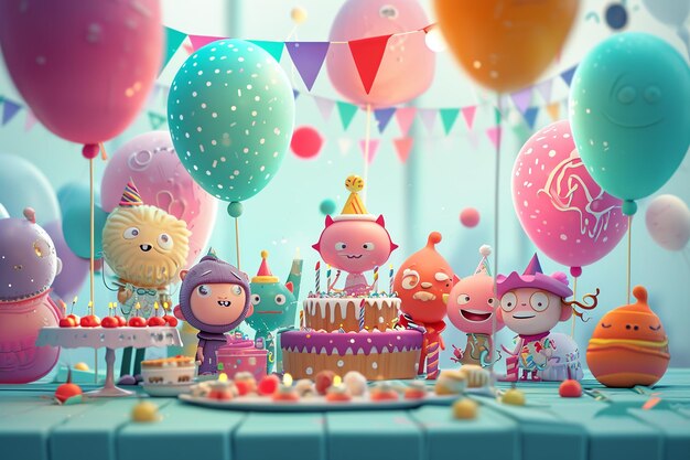 Photo imaginative birthday party with characters and balloons