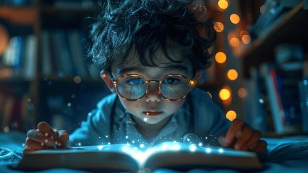 Imaginative Children39s Illustration The Little Doctor Reads and Thinks by the Light of the Study at Night Realistic Fantastic Cartoon Style Artwork Story Scene Wallpaper Background Card