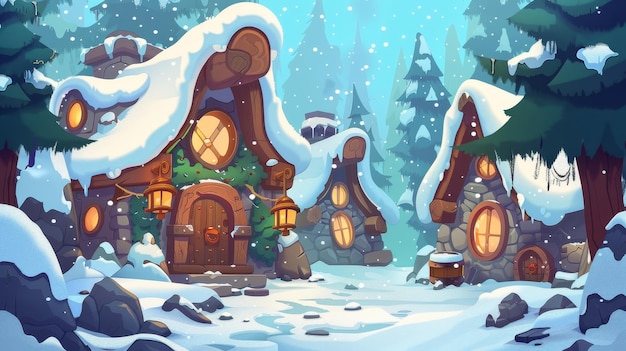 Photo imaginative fantasy game scene featuring stone huts round windows a lantern and a watermill winter dwarf village houses covered with snow it is a modern illustration of a fairy tale gnome