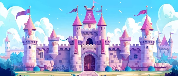 Imaginative fantasy medieval castle with turret gates and windows with flags on turrets and windows Cartoon modern illustration set