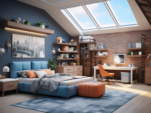 Imaginative interior and modern furniture in loft child room AI Generation