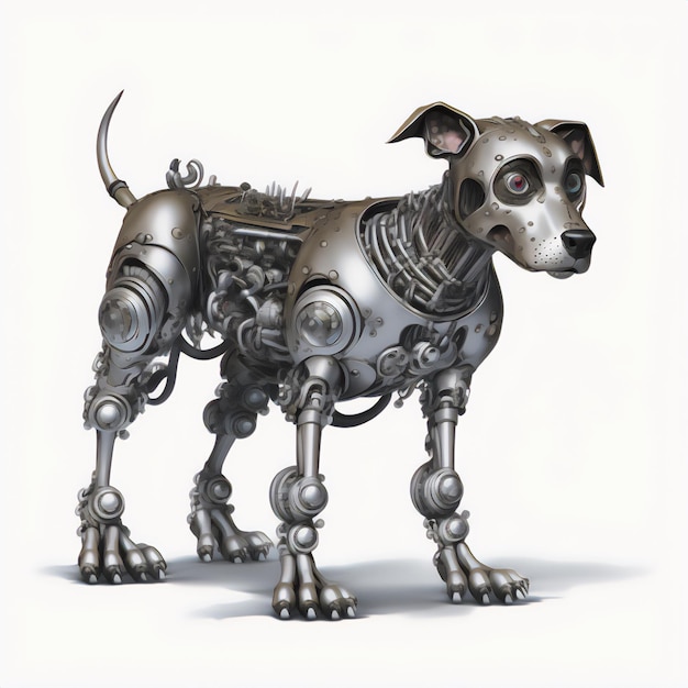 The imaginative representation of the stay dog in robot style in white background