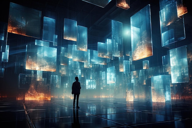 Imaginative scene with floating multimedia screens that project captivating and dreamlike images