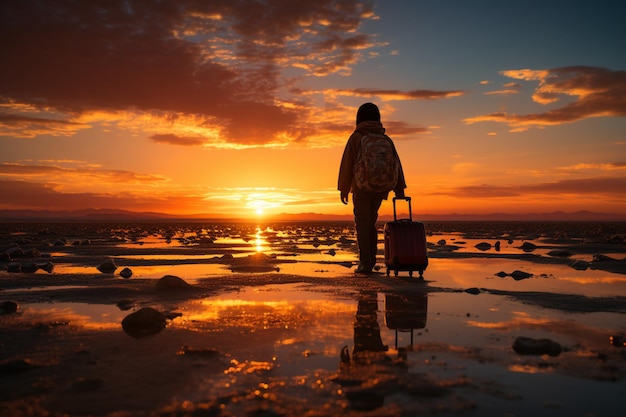 Imaginative travel silhouette of child on suitcase against setting sun