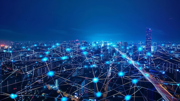 세계화와 함께 디지털 도시의 상상력 있는 시각적 추상적인 그래픽은 연결 네트워크를 보여줍니다.