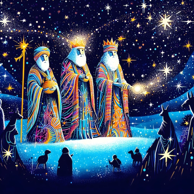 Foto una visualizzazione immaginativa dell'immagine di reyes magos sotto le stelle