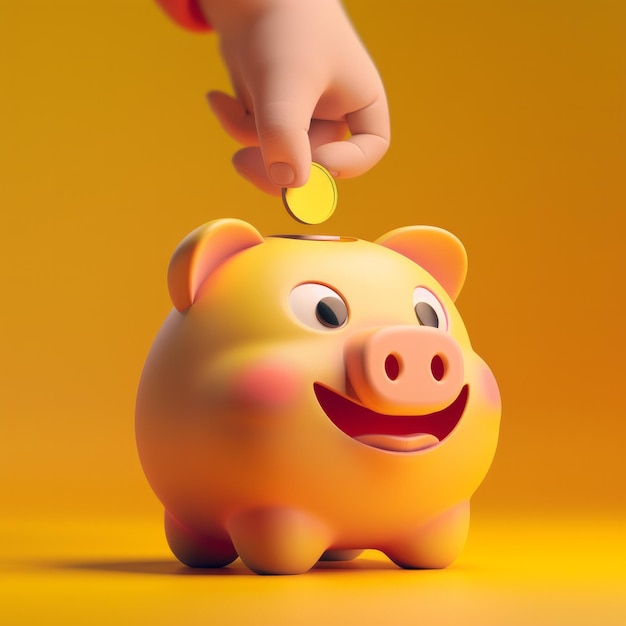 사진 3d 렌더링을 상상해 보십시오: 만화의 손이 웃는 돼지 은행에 동전을 넣는 장난스럽고 다채로운 장면을 상상하십시오.