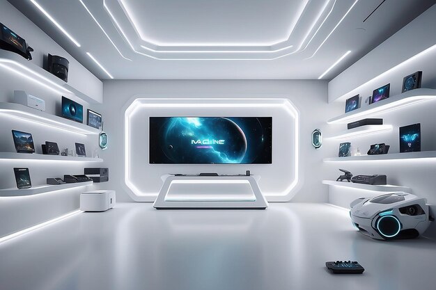 Фото Представьте себе футуристическую игровую комнату с белыми голографическими элементами, плавающими игровыми аксессуарами и пустой белой стеной для пользовательских цифровых дисплеев.