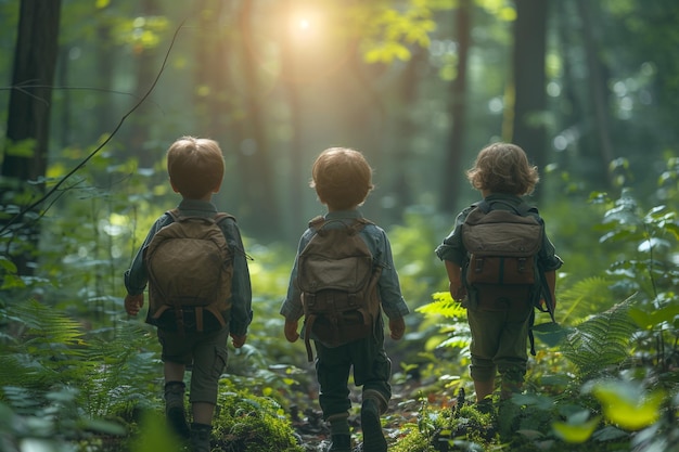사진 평화로운 숲 여행을 상상해보세요. 숲길을 고 있는 네 명의 아이들.