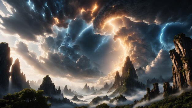 Imagine a celestial gathering of clouds in the sky each representing a different mythical being or