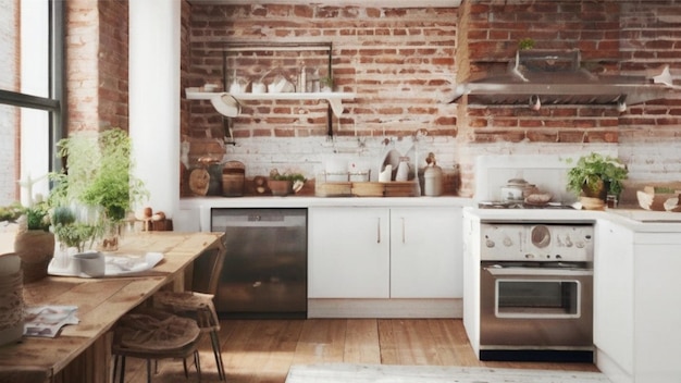 Imagine a cozy kitchen with exposed brick walls adorned with minimalist decor and a touch of rustic