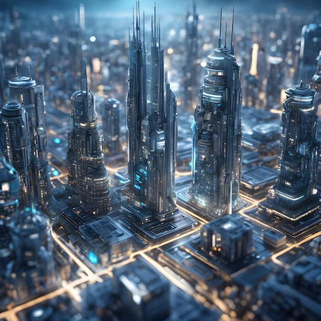 Imagine a cybernetic cityscape where buildings merge seamlessly with advanced technology