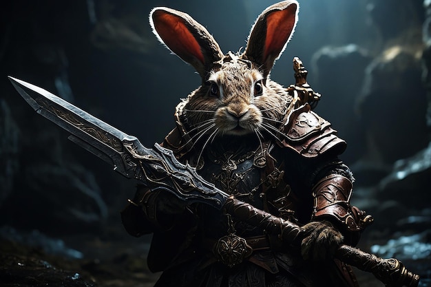 Представьте темного таинственного кролика воина бойца светящиеся глаза, которые сияют в темноте бездны