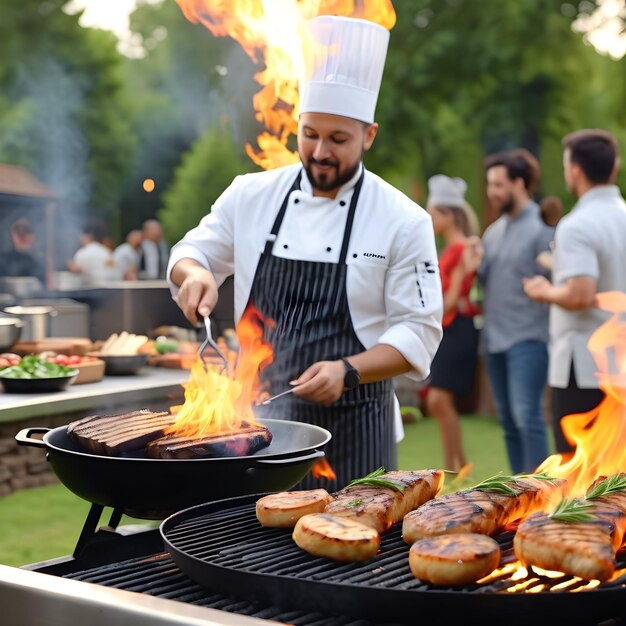 Foto immaginate la deliziosa scena di uno chef che mostra le sue competenze culinarie proprio davanti ai vostri occhi