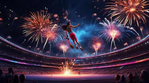 Imagine a futuristic sports event where athletes perform gravitydefying stunts while colorful firew