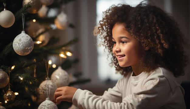 imagine high quality stock photography dark skinned child decorating a Christmas tree in white living room
