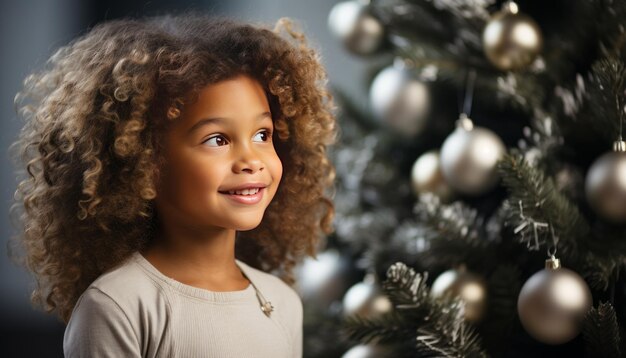 白い部屋にクリスマス ツリーを飾った高品質のストック写真の浅黒い肌の子供を想像してください