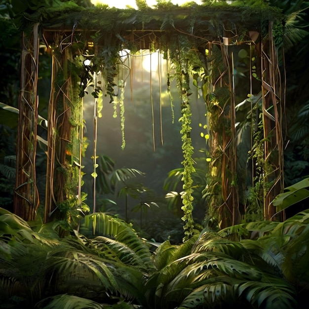Foto immaginate una giungla lussureggiante e selvaggia come sfondo per la vostra fase di manipolazione del prodotto generata dall'ia