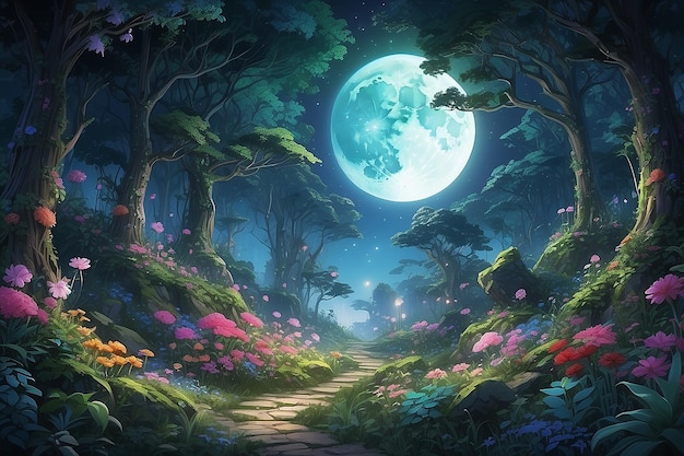 Представьте себе мистический лес, наполненный яркими цветами и пышной зеленью, все освещенное мягким светом луны.