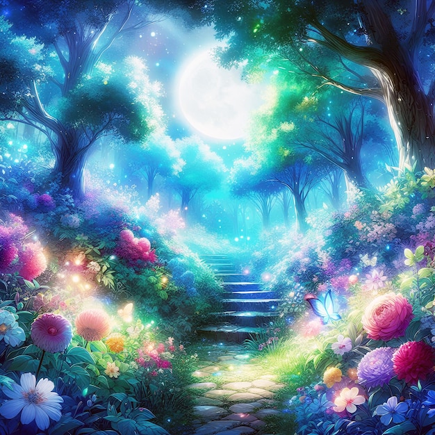 Imagine a mystical forest filled with watercolor flowers and lush greenery by the soft glow the moon