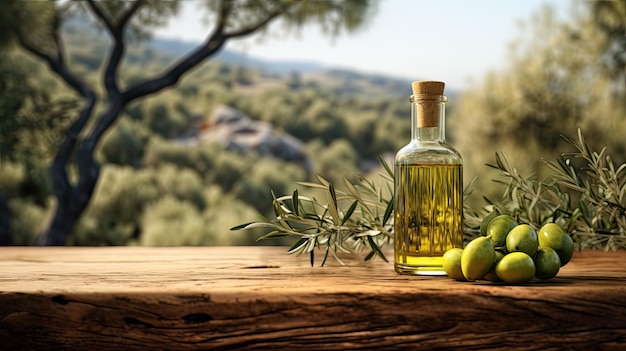 Imagine a olive oil bottle on wooden table placed between a olive forest