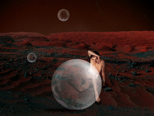 Photo imagine people live on mars. close up landscape of an abandoned planet, beauty of life on mars. ballerina in a protective oxygen chamber, bubble. exploration of the unknown and life in a new space.